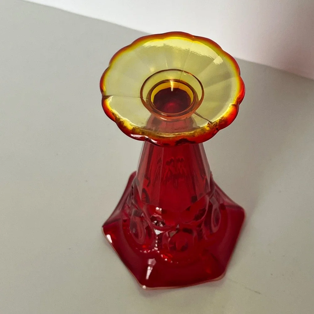 LE Smith Amberina Moon and Star Glass Vase Red Orange Ruffled Pedestal 6.5